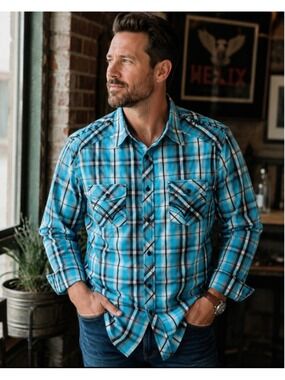 Helix Western Plaid Pearl Snap Shirt XL Bright Turquoise Aqua Black Whipstitch A